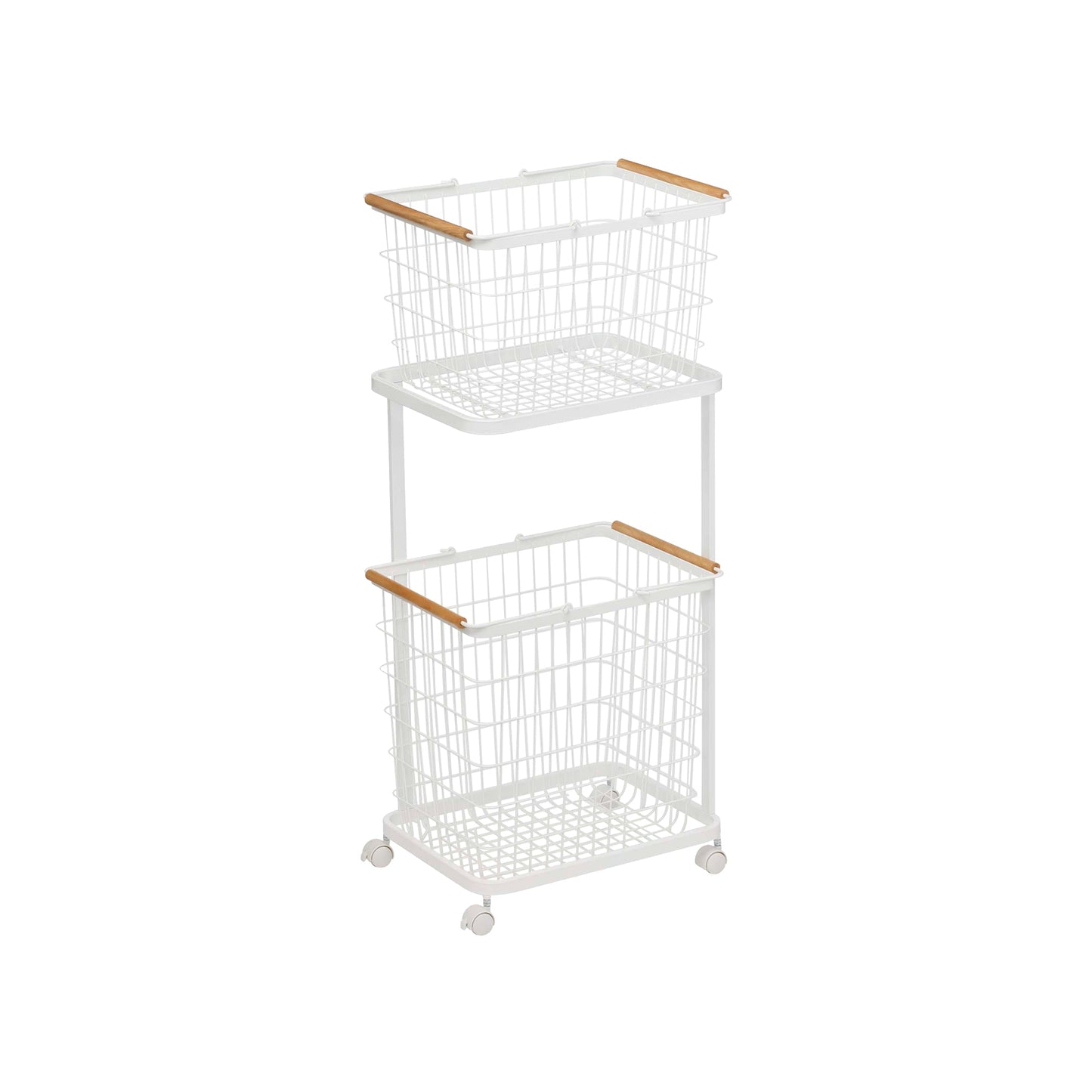 Rolling Laundry Cart + Wire Baskets (38 H) - Steel + Wood
