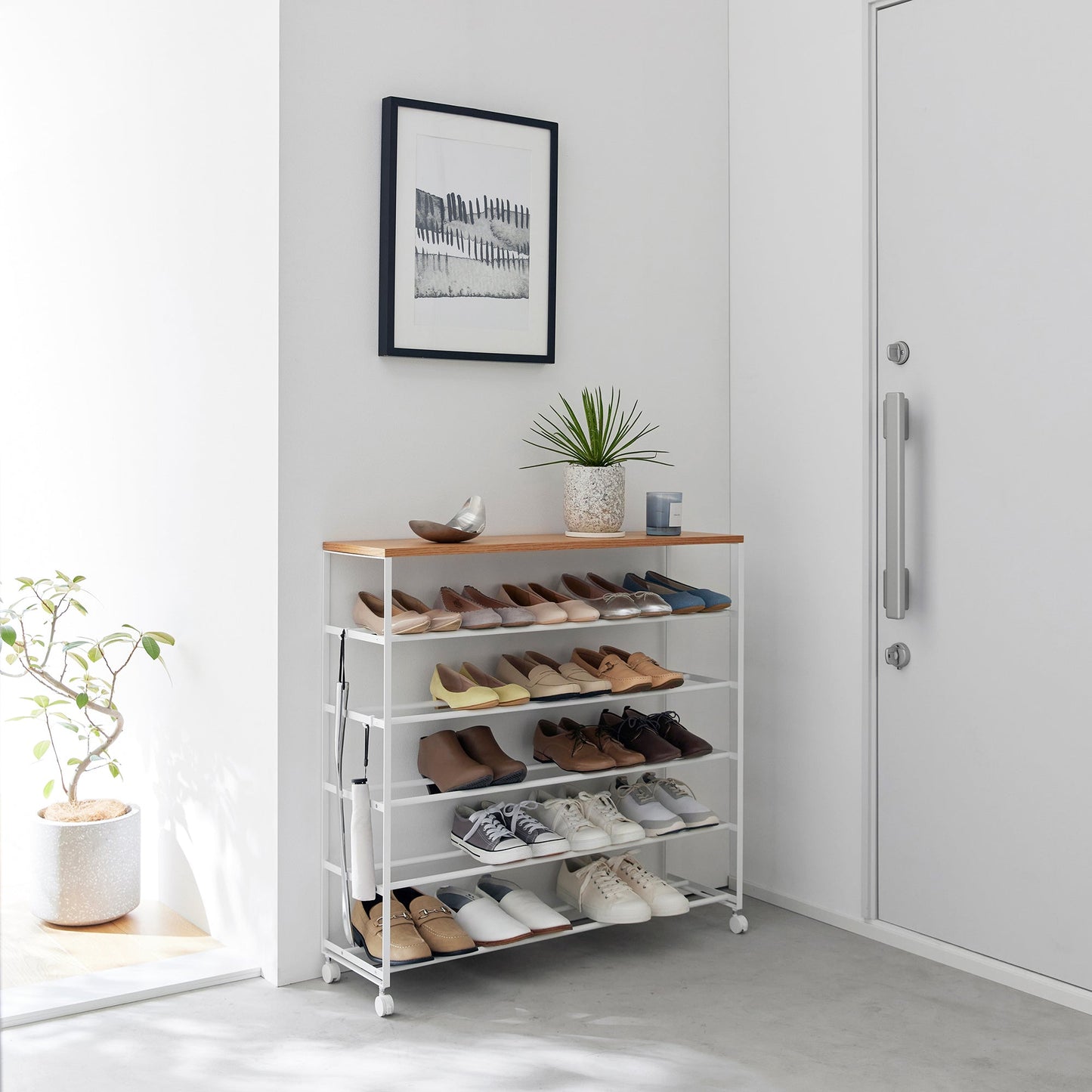 Rolling Five-Tier Shoe Rack ( H)  - Steel + Wood