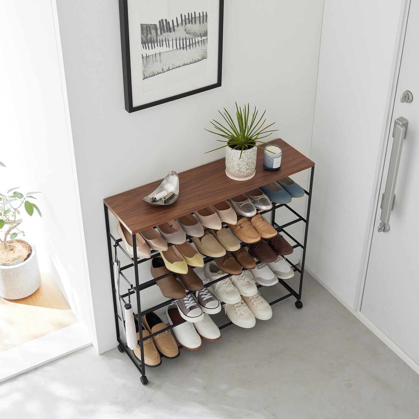 Rolling Five-Tier Shoe Rack ( H)  - Steel + Wood