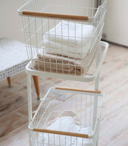 Rolling Laundry Cart + Wire Baskets (38 H)  - Steel + Wood