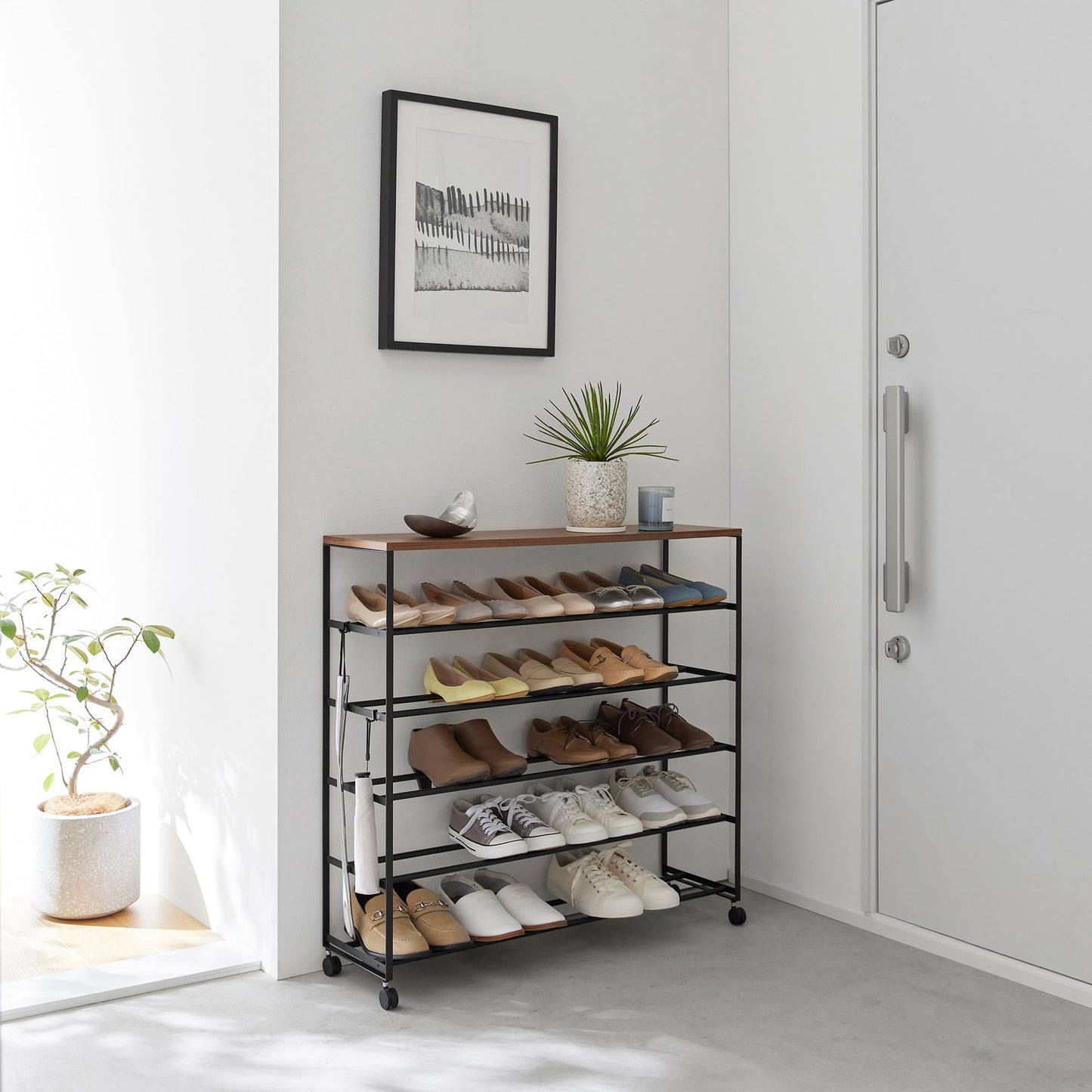 Rolling Five-Tier Shoe Rack ( H)  - Steel + Wood