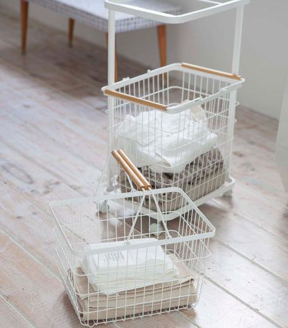 Rolling Laundry Cart + Wire Baskets (38 H)  - Steel + Wood