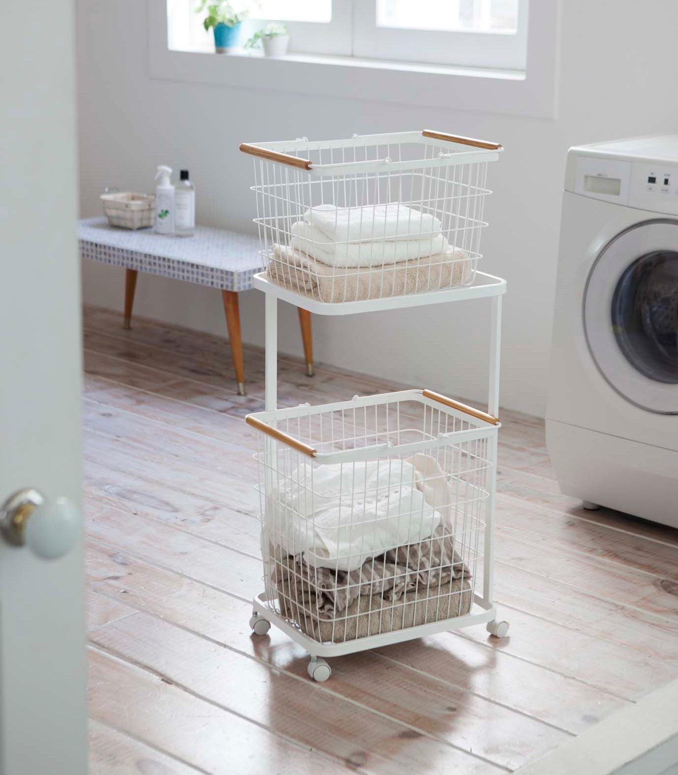 Rolling Laundry Cart + Wire Baskets (38 H)  - Steel + Wood