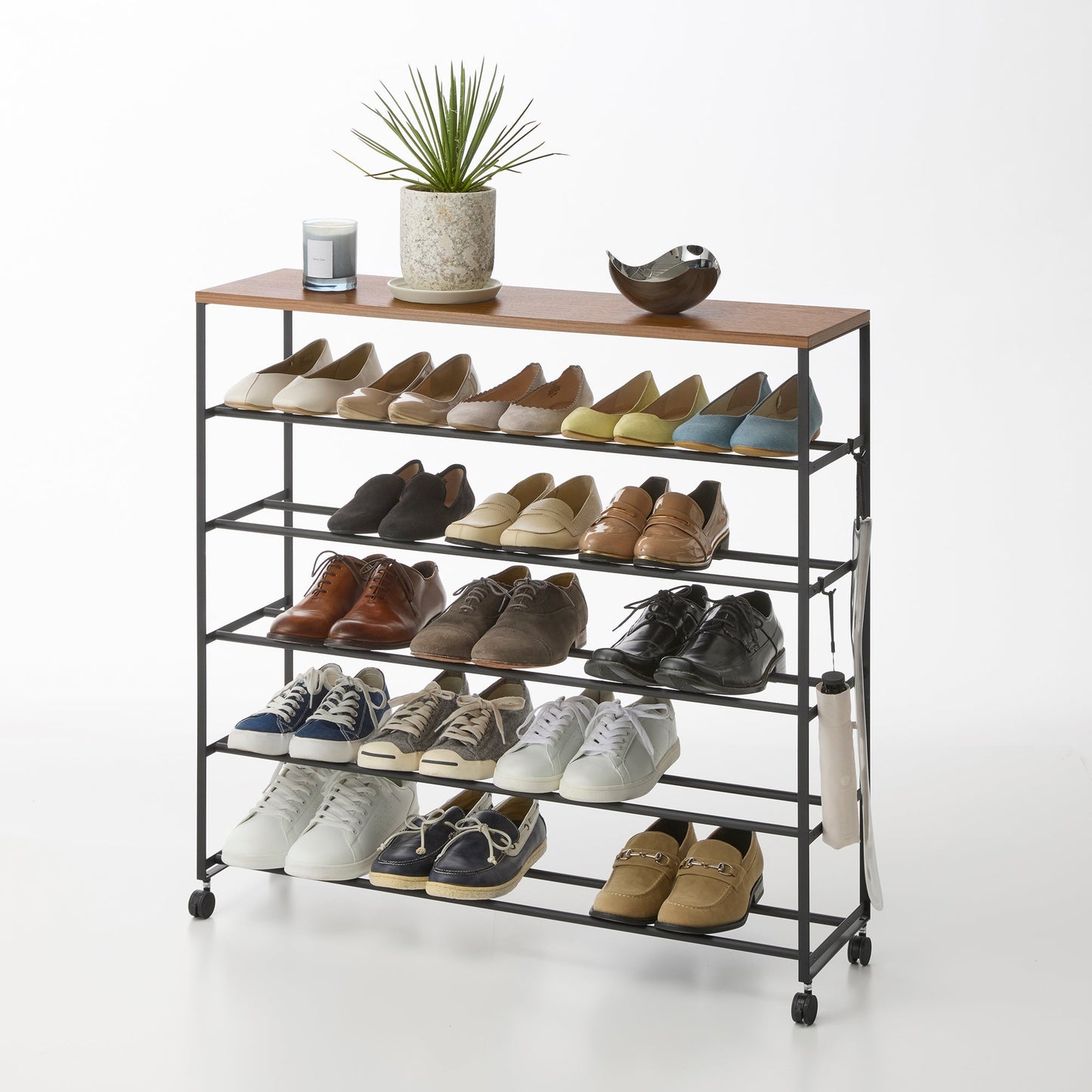 Rolling Five-Tier Shoe Rack ( H)  - Steel + Wood