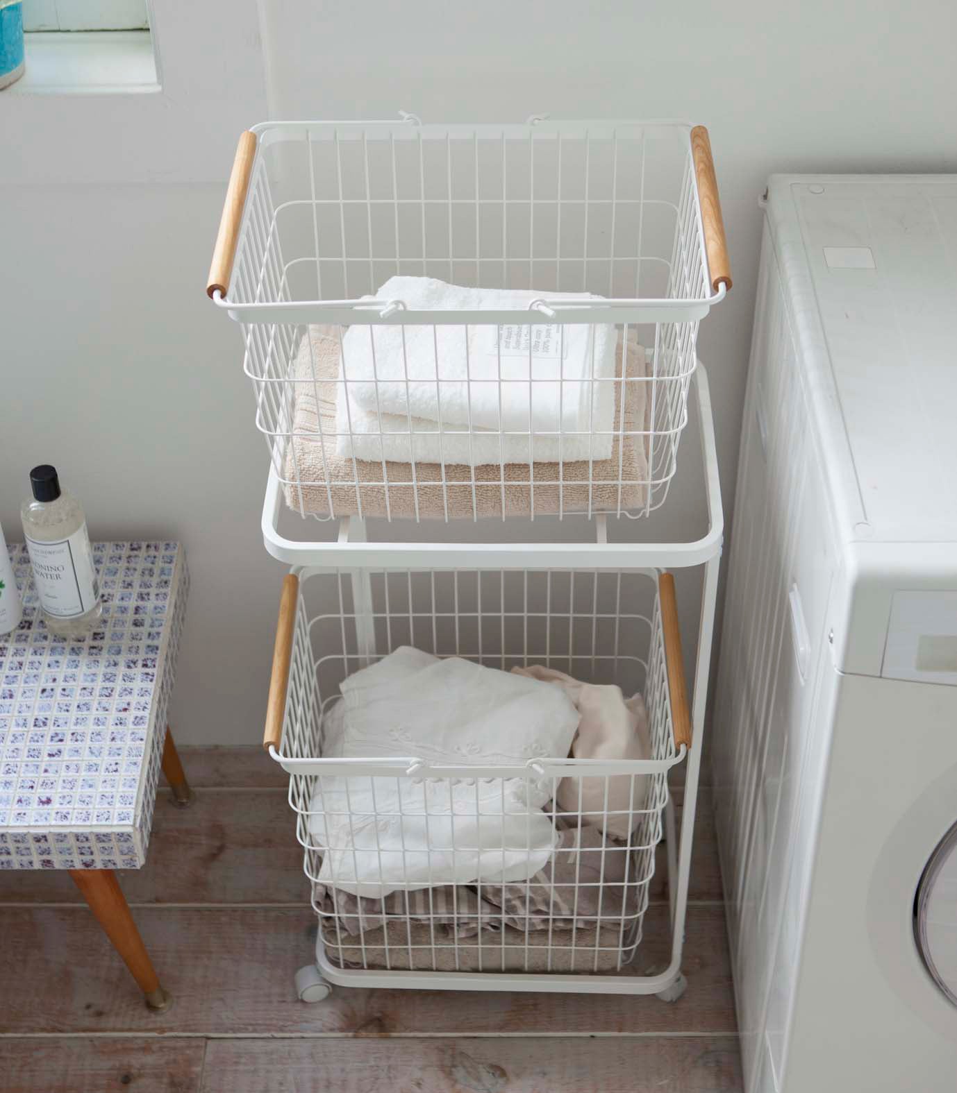 Rolling Laundry Cart + Wire Baskets (38 H)  - Steel + Wood